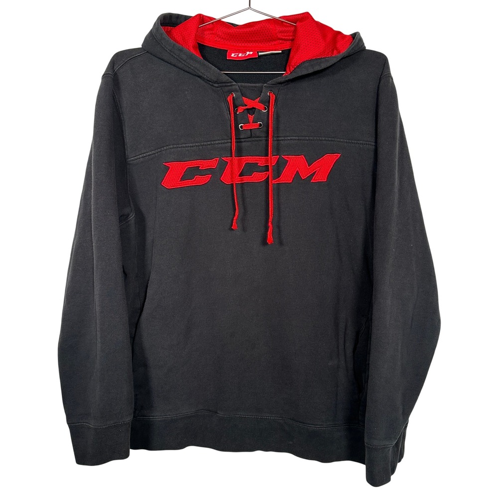 CCM Y2K Mens XL Black Red Lace Up‎ Hockey Hoodie Embroidered Logo Sweater